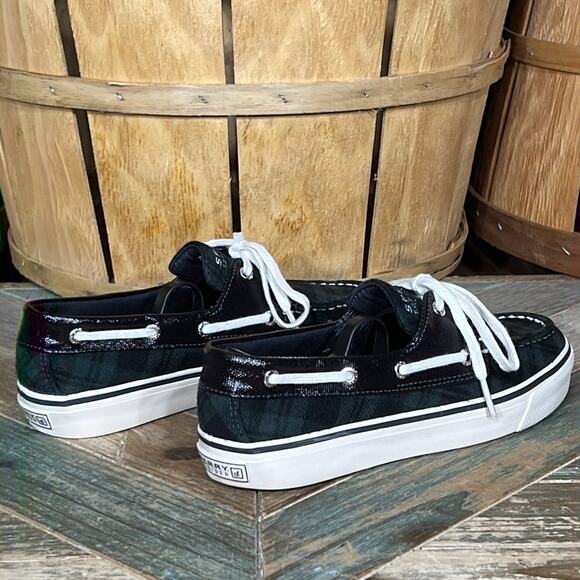 Sperry Biscayne Navy Green Plaid Patent Leather Boat Shoe Sneaker Women Size 5.5 - Picture 5 of 11
